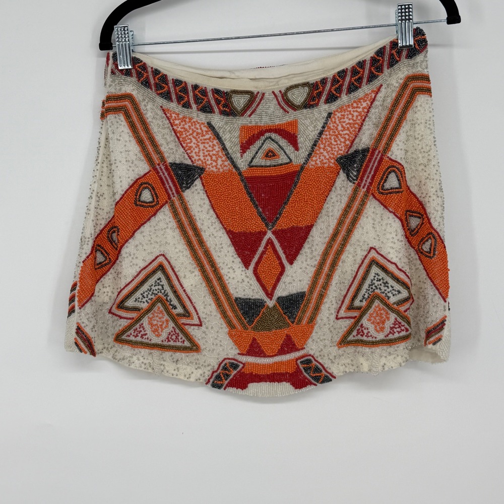 Chloe Oliver Womens XS Beaded‎ Mini Skirt Ivory Orange Geometric Art Deco